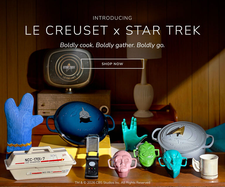 INTRODUCING LE CREUSET X STAR TREK - Boldly cook. Boldly gather. Boldly go. TM & &copy; 2026 CBS Studios Inc. All Rights Reserved - SHOP NOW
