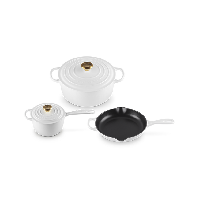 Signature Enameled Cast Iron 5-Piece Cookware Set with Gold KnobsWhite, view 1