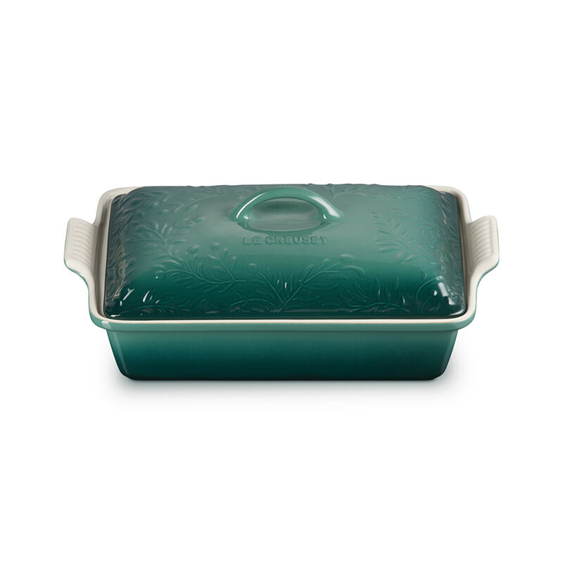 Le Creuset Olive Branch Collection Stoneware Heritage Covered Rectangular Casserole, 4 qt., Marseille with Embossed Lid