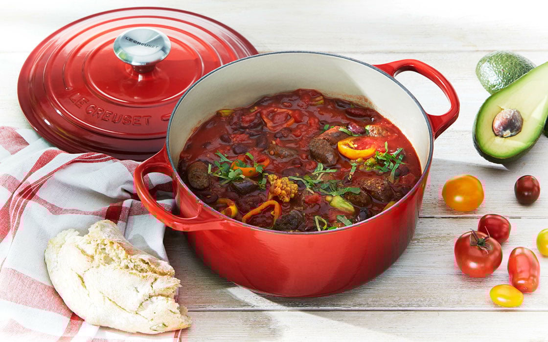 dutch oven filled with homemade chili