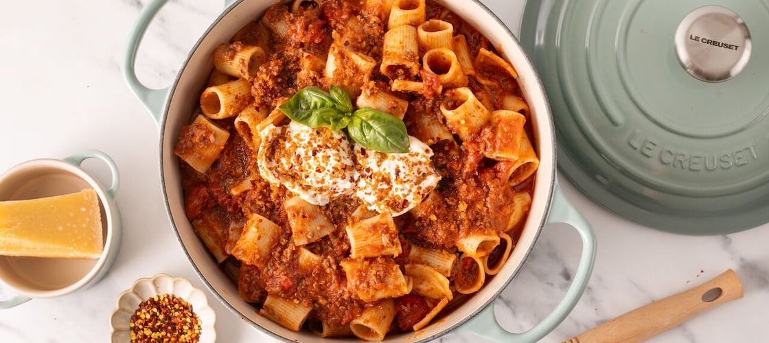 pasta bolognese in a dutch oven