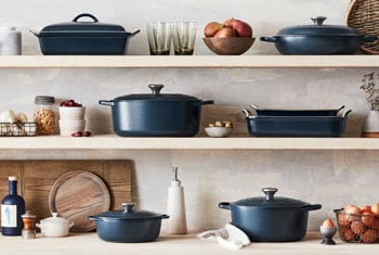 navy cookware on shelves