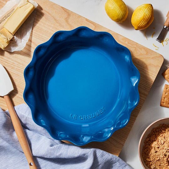 blue pie dish with ruffled edges