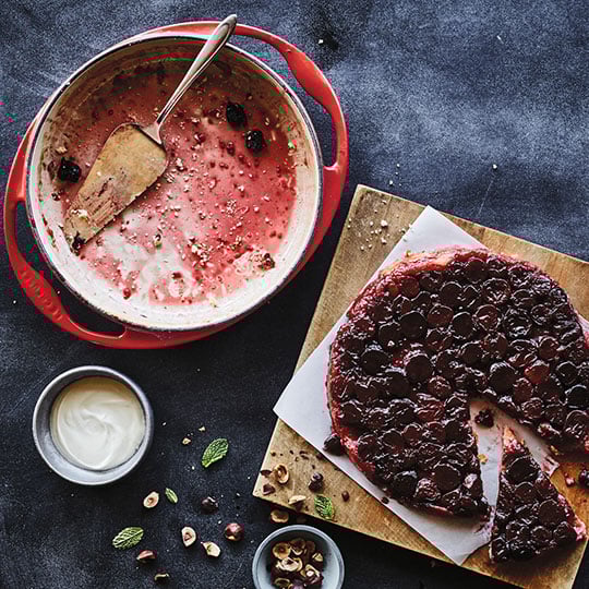 cherry tart next to a tatin dish