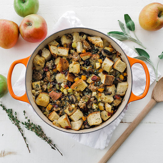 meaty stuffing in a flame orange braiser