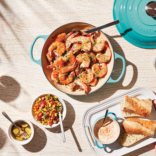 shrimp in a cast iron braiser