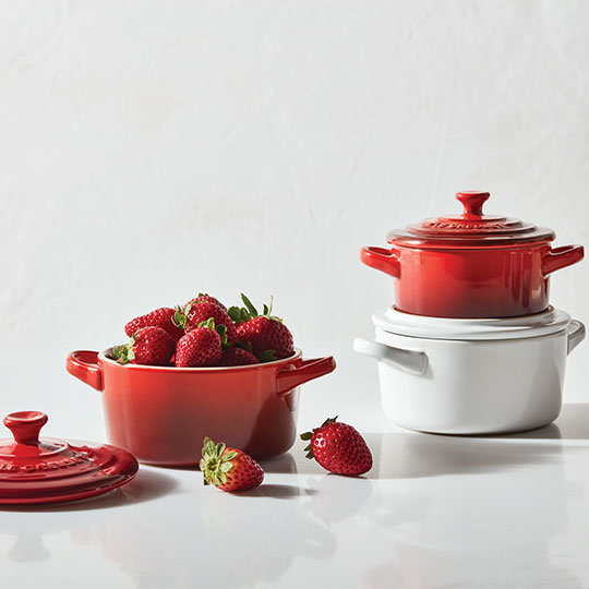 strawberries in red mini cocottes