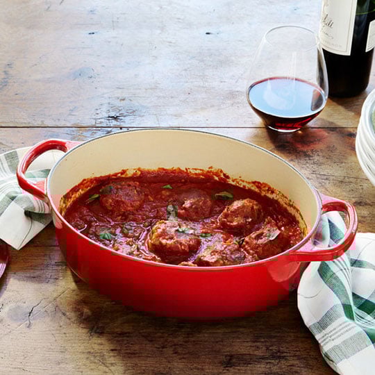 meatballs in tomato sauce cooked in a dutch oven