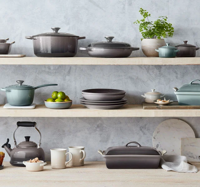 shelves of oyster cookware mixed with sea salt light green cookware