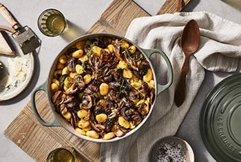 mushroom gnocchi in a dutch oven