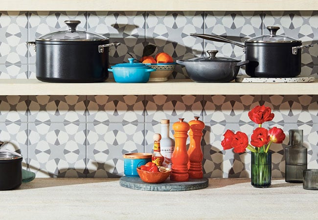 turquoise and orange items on a shelf