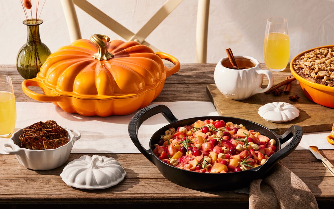 brunch items in colorful cookware