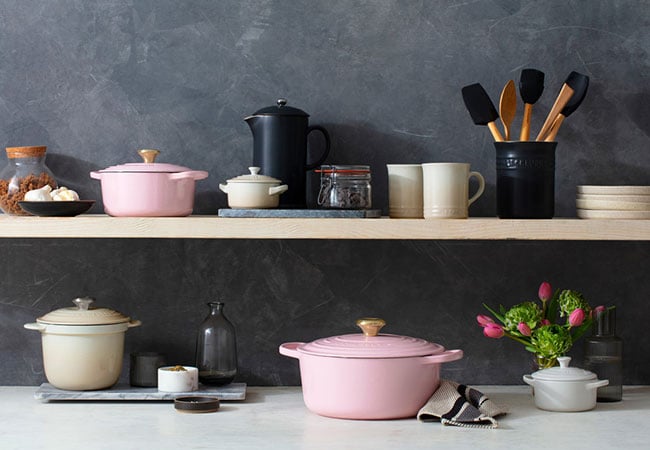 dramatic palette of pink, cream and black