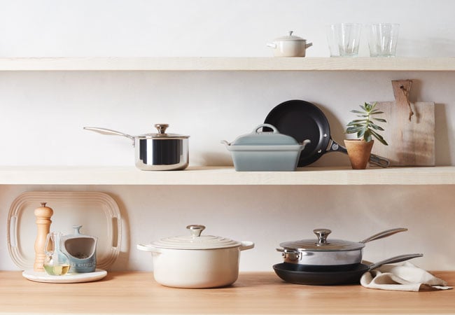 assorted cookware on shelves