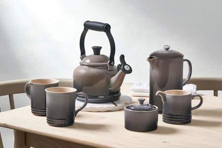 french press, teakettle and coffee service with mugs, all in oyster gray
