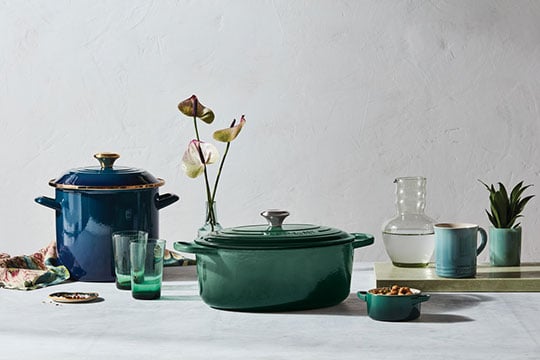 assorted green and blue cookware