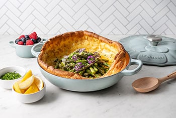 links to Brown Butter Parmesan Dutch Baby with Asparagus recipe