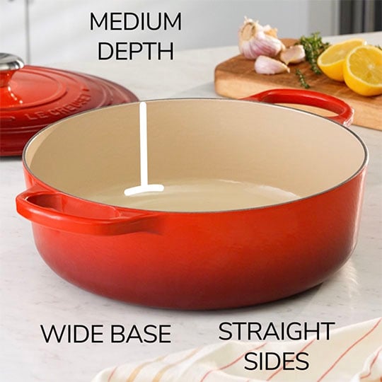 image of dutch oven showing it is not as deep as a traditional dutch oven with text that reads: medium depth