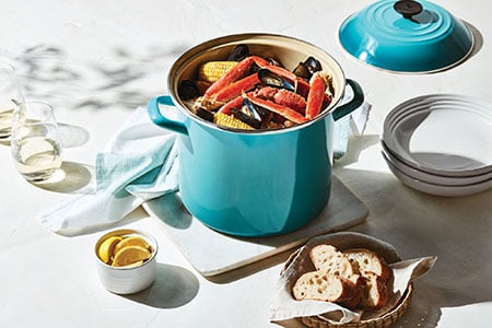 caribbean blue stockpot filled with crab