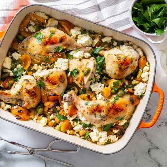 rosted chicken with olives and big chunks of feta