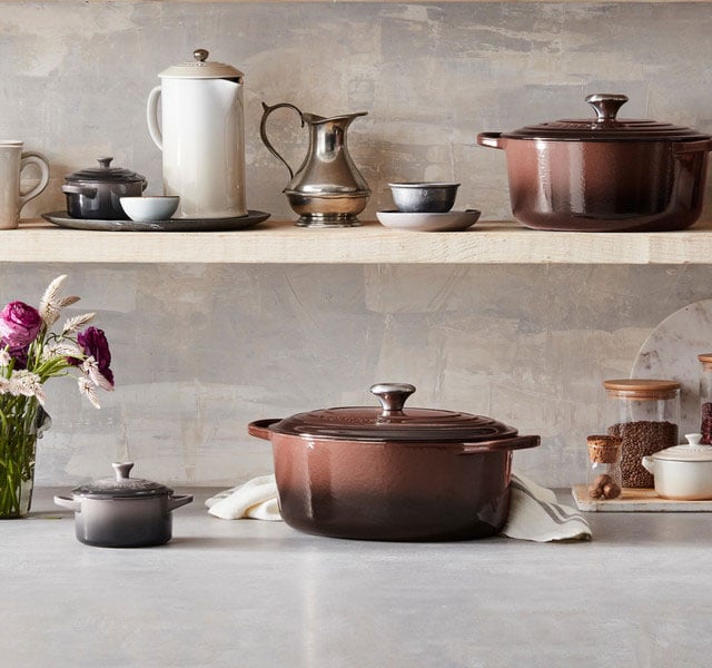 cookware in brown, gray and cream