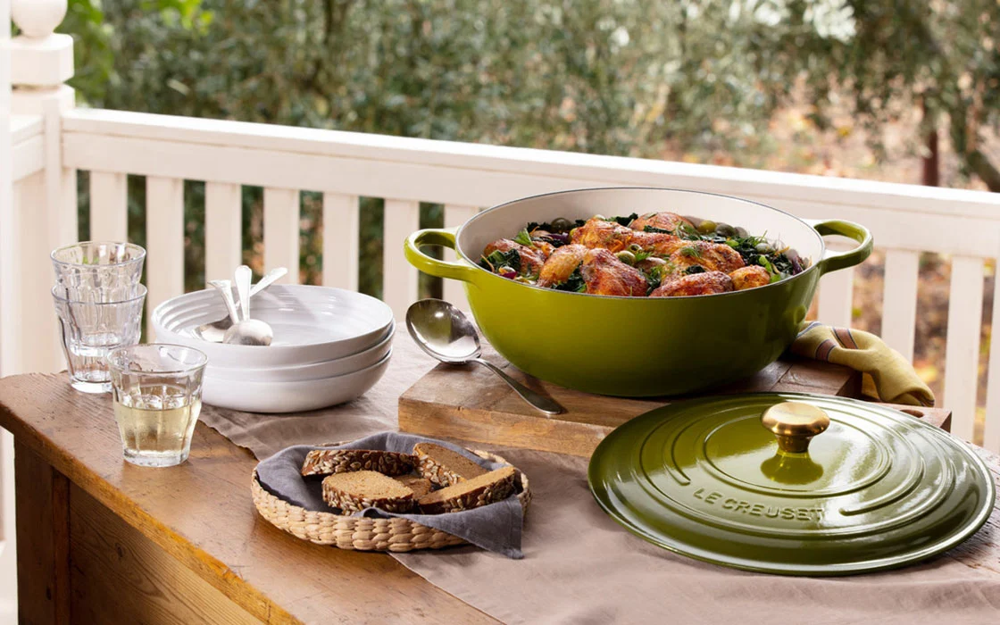 chicken in an olive green chefs oven