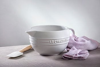 white bowl for batter with handle and spout