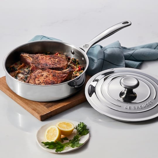 pork chops in a stainless pan