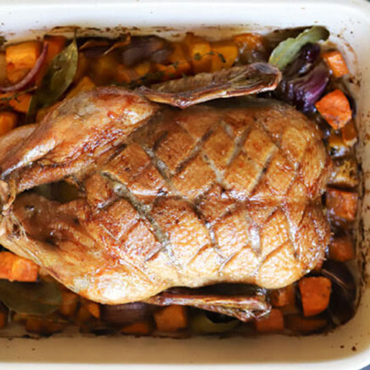 roasted duck with veggies