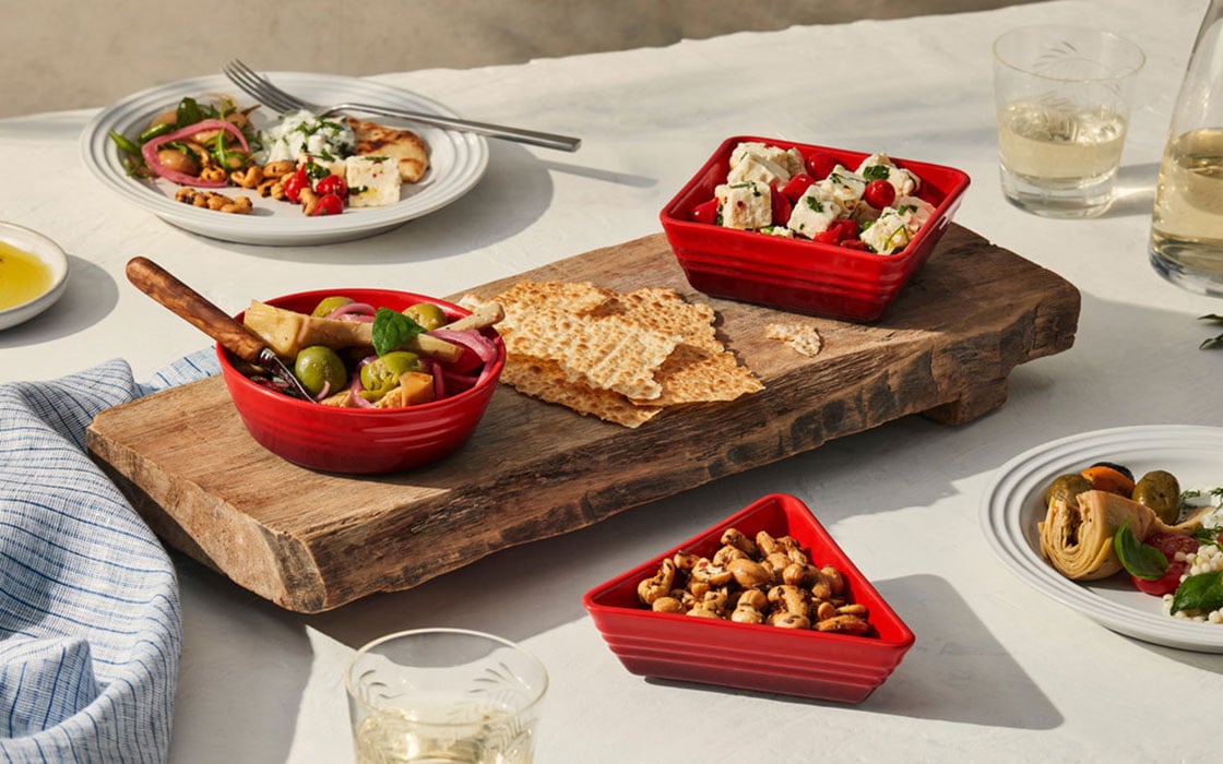 set of tapas dishes filled with appetizers