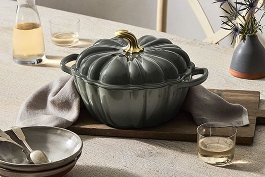 pumpkin shaped cocotte in thyme green