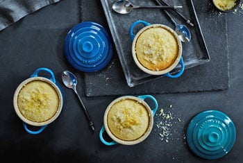 lemon cakes baked in blue mini cocottes
