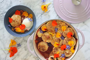 cobbler topped with flower petals
