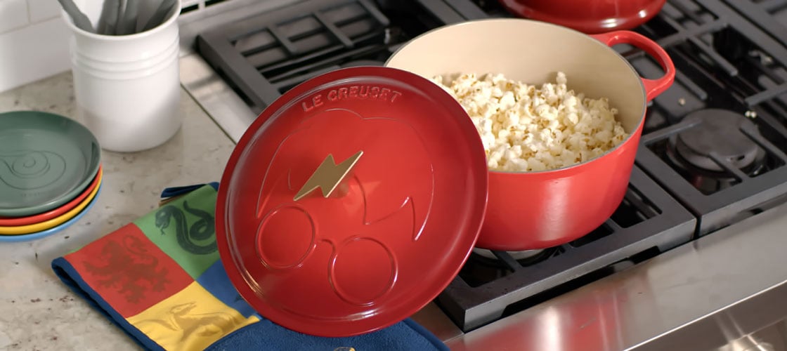 popcorn in a red harry potter themed dutch oven