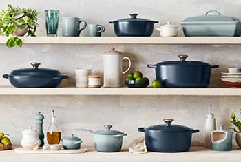 navy and light blue green cookware