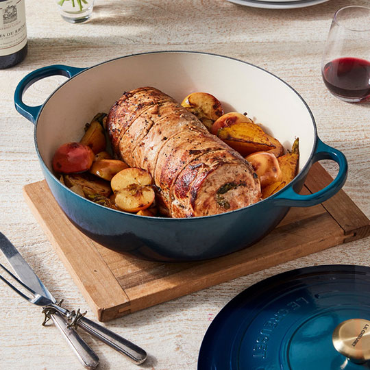 pork loin in a cast iron soup pot