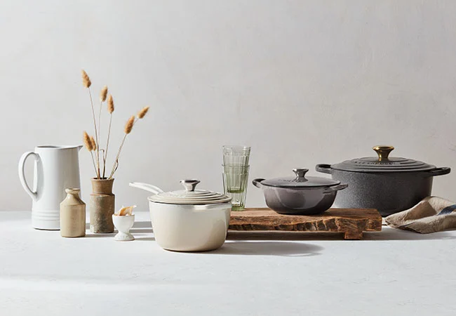 grey and off-white cookware