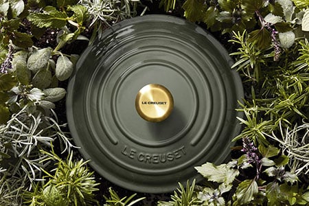 thyme green dutch oven lid surrounded by herbs