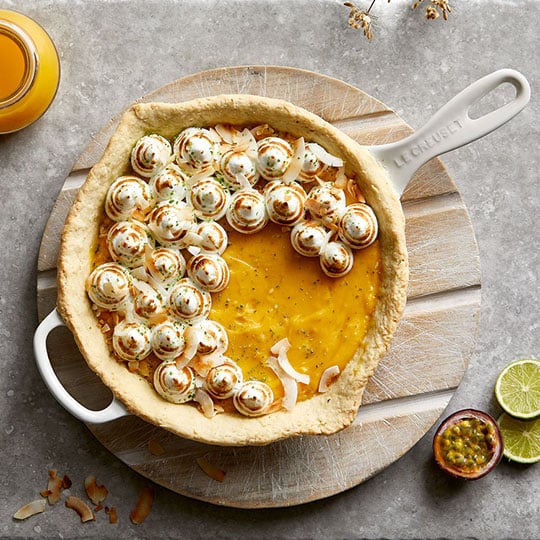 citrus tart in a white skillet