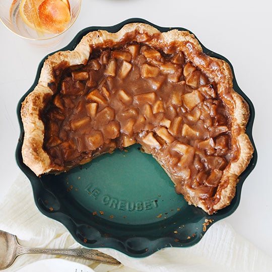 apple pie with a creamy, caramel-colored filling