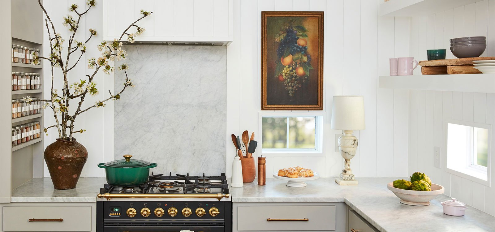 kitchen stocked with Le Creuset cookware