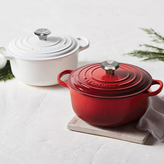 dutch ovens in cerise red and white