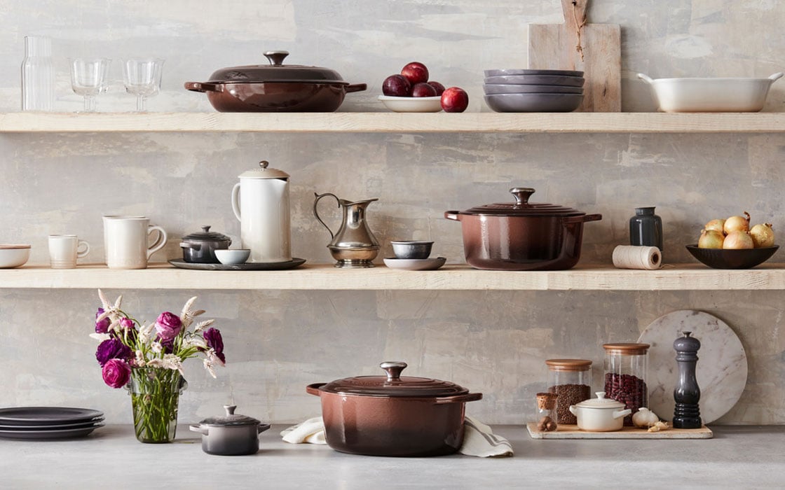 assorted cookware on shelves