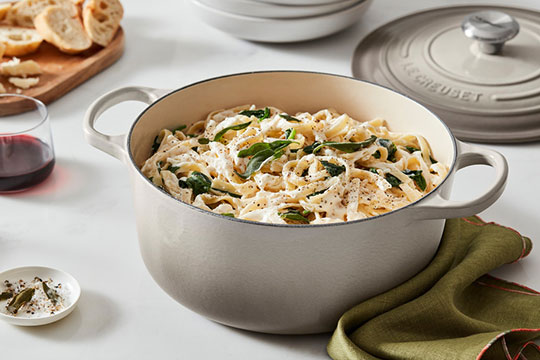 creamy fettucine alfredo in a dutch oven