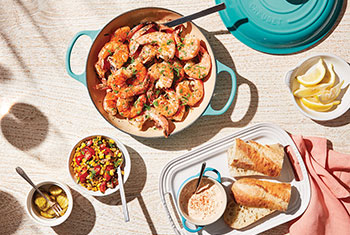 shrimp in a cast iron braiser
