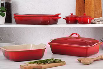 assorted sizes of red bakeware