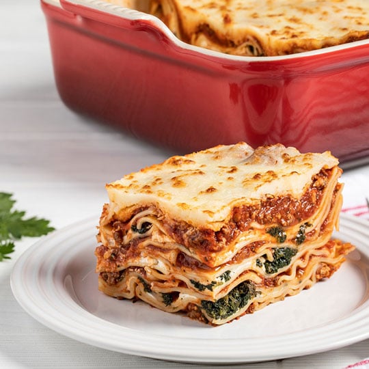lasagna in a stoneware baker