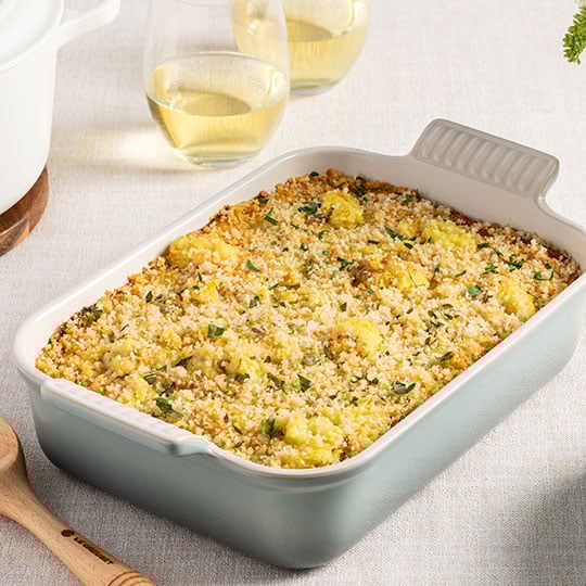 au gratin dish in a rectangular stoneware baker