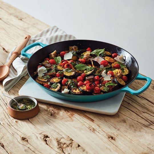 veggies in an oval cast iron roasting dish