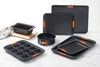assorted non-stick metal bakeware items